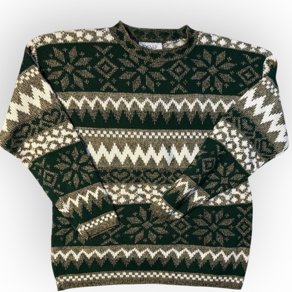 Vintage Holiday Sweater Womens L Snowflake‎ Fair Isle Pullover Green Nature Rose